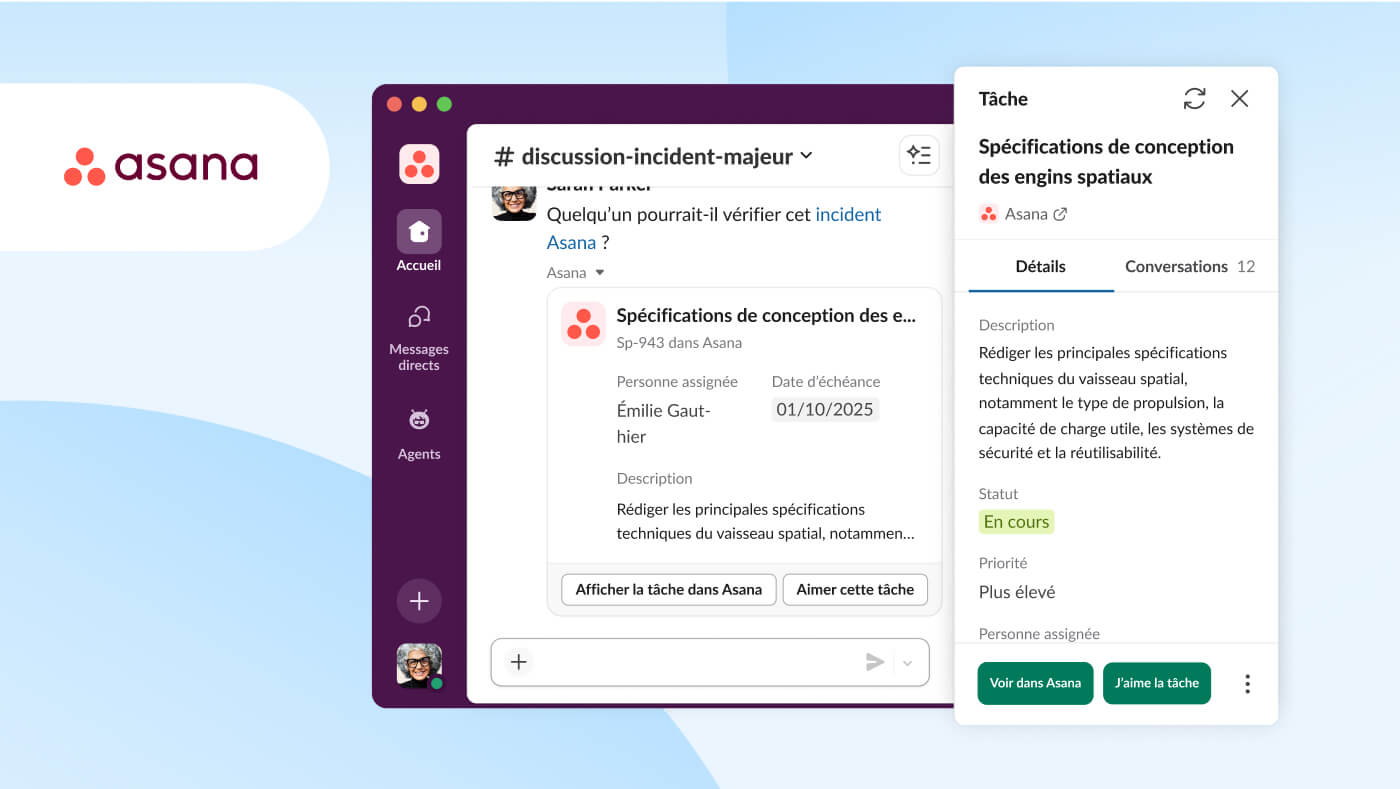 Image de l’interface utilisateur Slack montrant l’intégration Asana avec les objets de travail