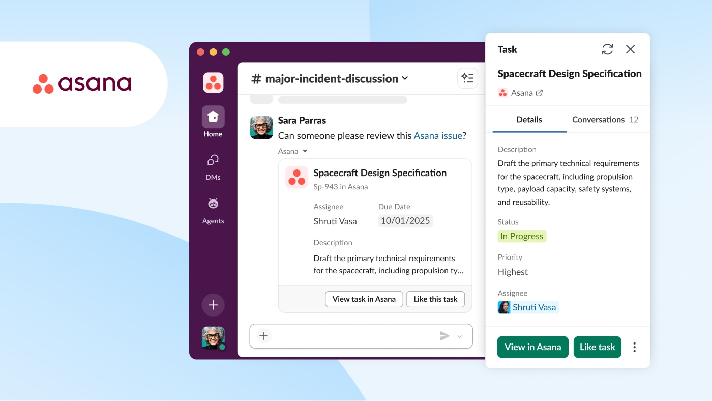 Image of the Slack user interface showing the Asana work objects integration