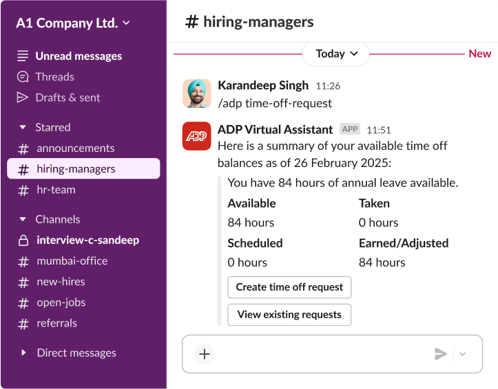 A Slack interface showing the ADP Virtual Assistant providing a summary of 84 available annual leave in the hiring-managers channel.