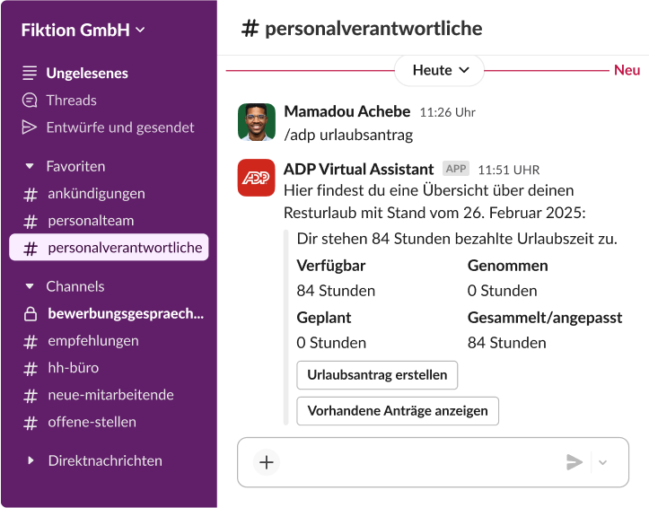 Eine Slack-Benutzeroberfläche, auf der der ADP Virtual Assistant eine Übersicht über 84 verfügbare bezahlte Urlaubsstunden im Channel „personalverantwortliche“ zeigt.