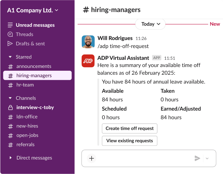 A Slack interface showing the ADP Virtual Assistant providing a summary of 84 available annual leave in the hiring-managers channel.