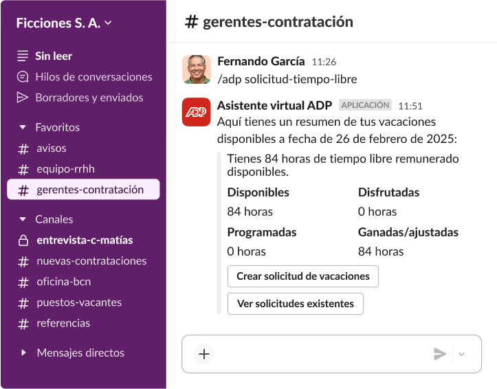 Una interfaz de Slack que muestra el asistente virtual de ADP ofreciendo un resumen de 84 horas de permisos remunerados disponibles en el canal gerentes-contratación.