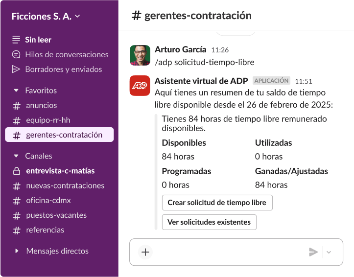 Una interfaz de Slack en la que se muestra el asistente virtual de ADP que provee un resumen de 84 horas de tiempo libre remunerado en el canal de gerentes-contratación.