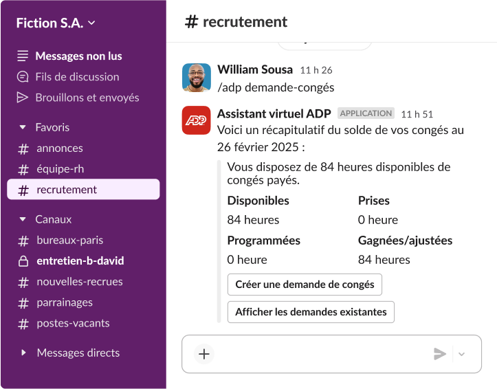 Une interface Slack qui montre l’assistant virtuel ADP affichant un récapitulatif des 84 heures de congés disponibles dans le canal des responsables-recrutement.