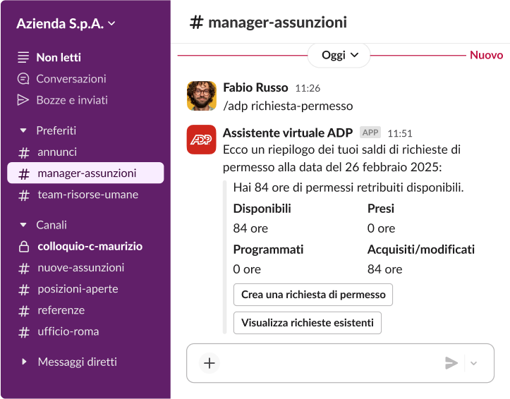Un’interfaccia di Slack che mostra l’Assistente virtuale ADP mentre fornisce un riepilogo delle 84 ore di ferie disponibili nel canale dei responsabili delle assunzioni.