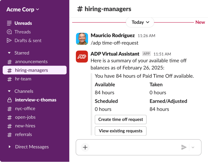 A Slack interface showing the ADP Virtual Assistant providing a summary of 84 available PTO hours in the hiring-managers channel.