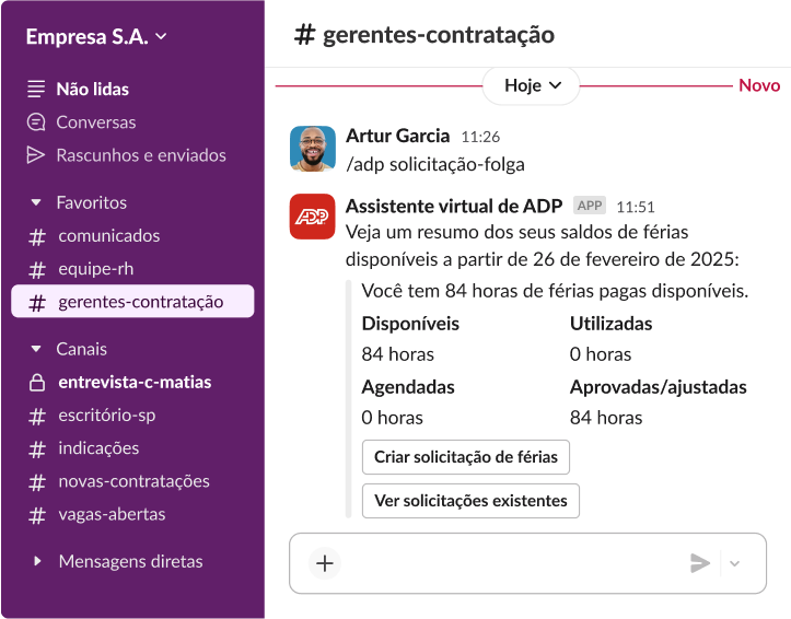 Interface do Slack mostrando o Assistente virtual da ADP apresentando um resumo das 84 horas de férias disponíveis no canal “gerentes-contratação”.