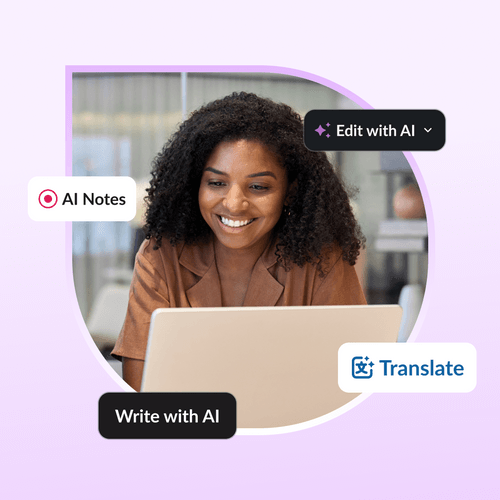 Woman typing on laptop seeing icons representing AI features in Slack