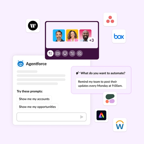 Un'immagine astratta che mostra diverse interfacce utente: Agentforce per Slack, incontri e IA di Slack