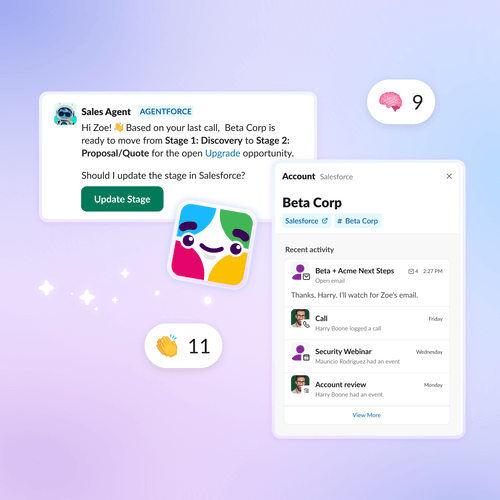 A UI graphic on a purple gradient background featuring an image of Slackbot in the center. On the left is an Agentforce Sales Agent Slack notification prompting a Salesforce opportunity stage update for Beta Corp. On the right is a Slack sidebar displaying recent account activity. Floating reaction icons (a brain and clapping hands) surround the elements.