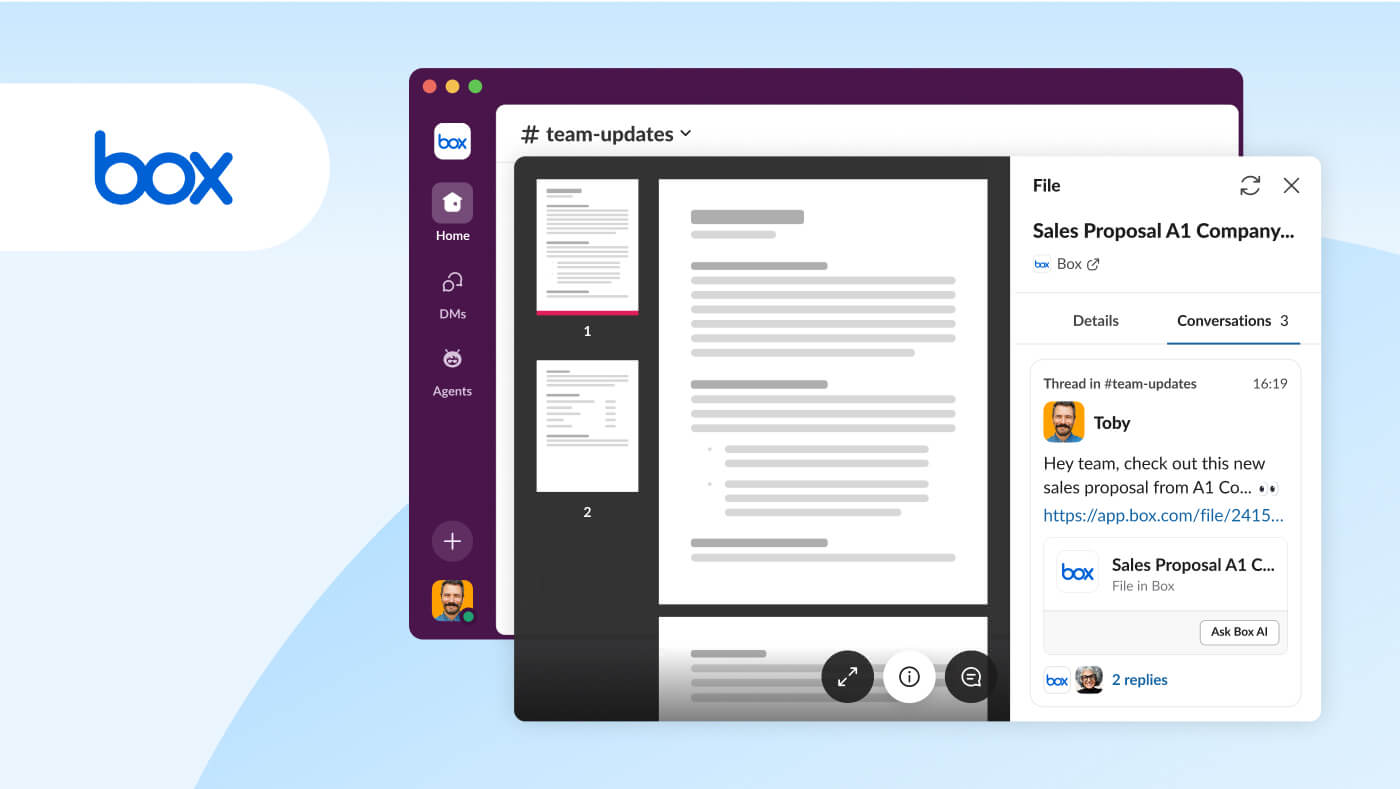 Image of the Slack user interface showing the Box work objects integration