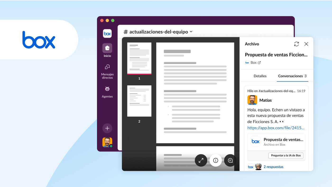 Imagen de la UI de Slack en la que se muestra la integración de objetos de trabajo con Box