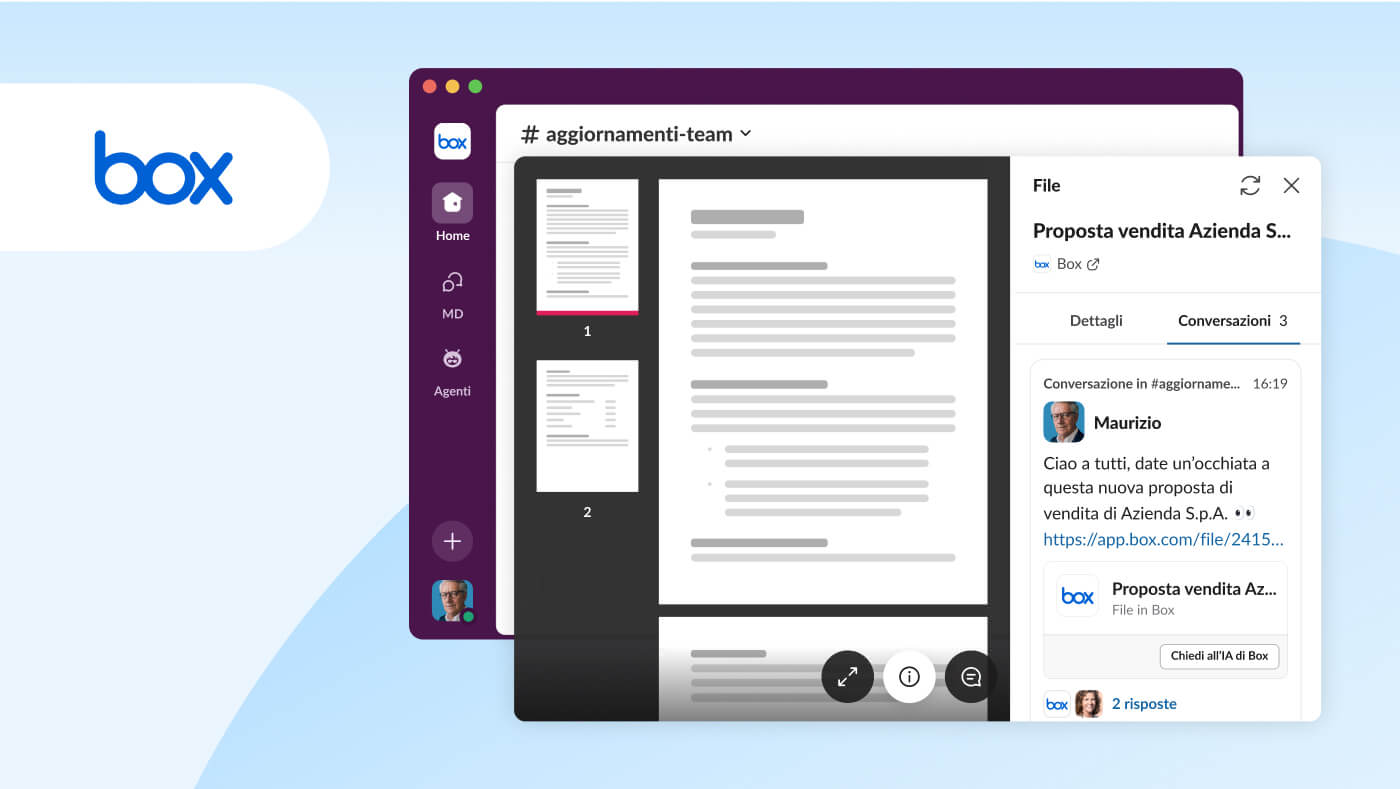 Immagine dell'interfaccia utente di Slack che mostra l'integrazione Box degli oggetti di lavoro