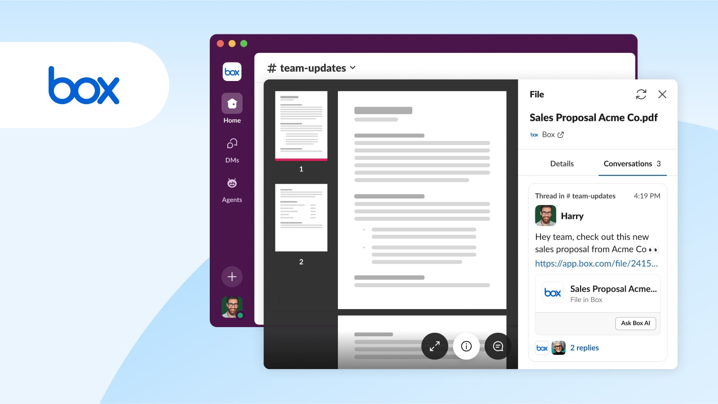 Image of the Slack user interface showing the Box work objects integration