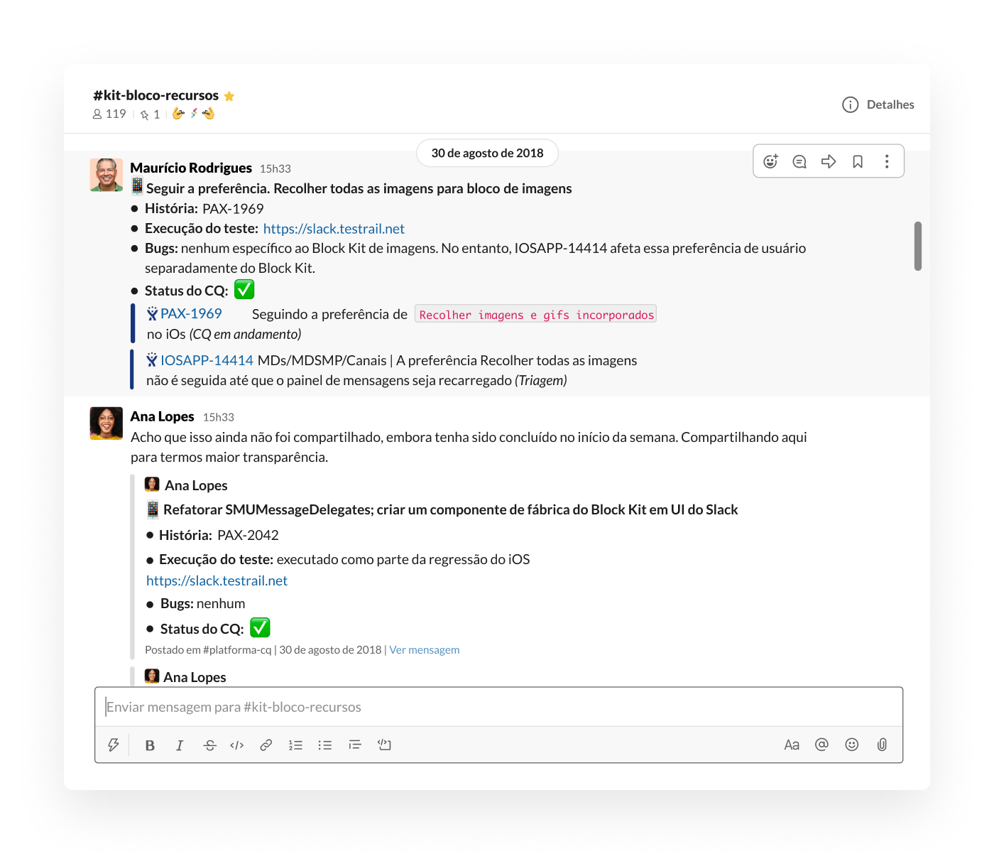 Acompanhamento de bugs da equipe de engenharia no Slack