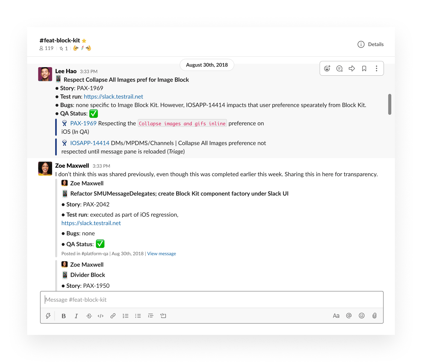 Acompanhamento de bugs da equipe de engenharia no Slack