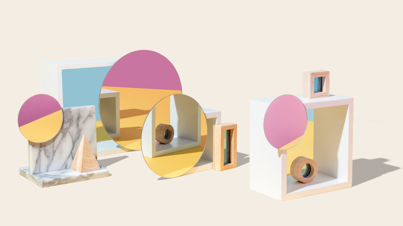 Mirrors with objects representing Block Kit