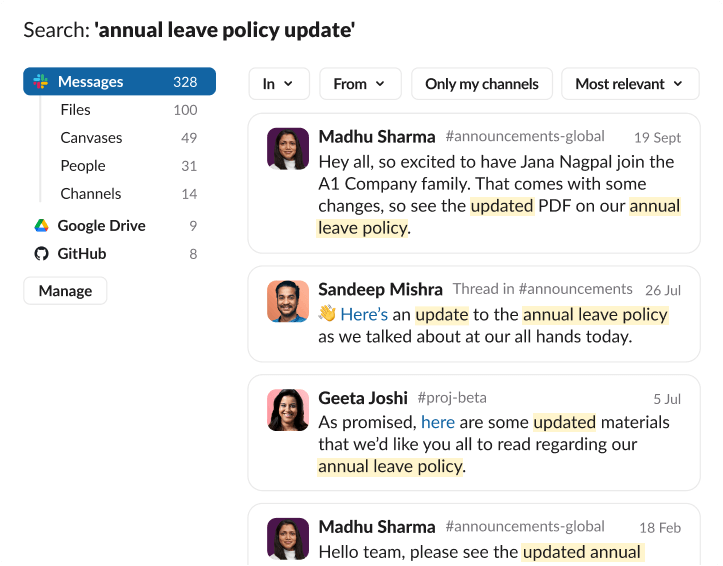 Slack search results for the phrase 'holiday policy update' showing multiple message previews from Elena Nowak and Toby Davies across different announcement channels.