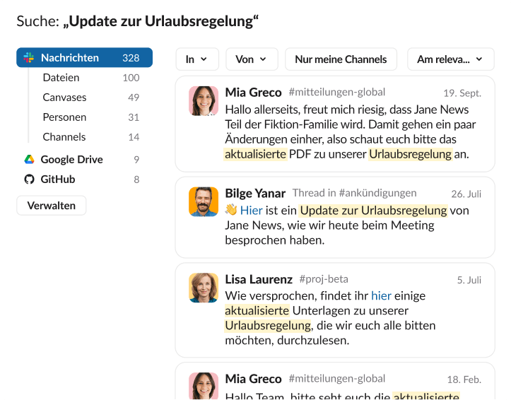 Slack-Suchergebnisse für den Begriff „Aktualisierung der Urlaubsrichtlinien“, die mehrere Nachrichtenvorschauen von Lisa Zhang und Harry Boone aus verschiedenen Ankündigungs-Channels anzeigen.