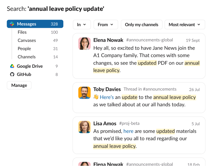 Slack search results for the phrase 'holiday policy update' showing multiple message previews from Elena Nowak and Toby Davies across different announcement channels.