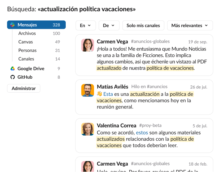 Los resultados de la búsqueda de Slack de «actualización política vacaciones» en los que se muestran varias vistas previas de mensajes de Carmen Vega y Matías Avilés en distintos canales de anuncios.