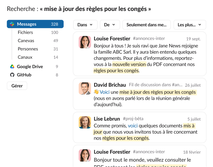 Résultats de recherche Slack pour l’expression « mise à jour de la politique des congés », affichant plusieurs aperçus de messages de Louise Forestier et David Brichau dans différents canaux d’annonces.