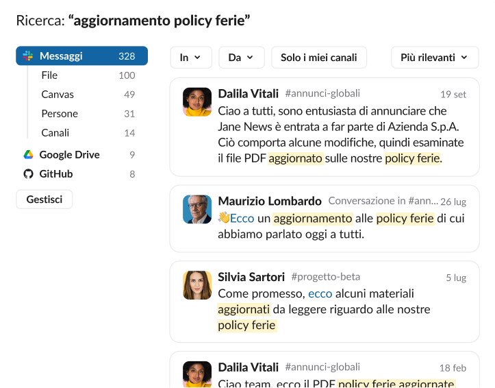 Risultati di ricerca Slack per la frase “aggiornamento della policy ferie”, con anteprime di più messaggi di Dalila Vitali e Maurizio Lombardo in diversi canali di annunci.