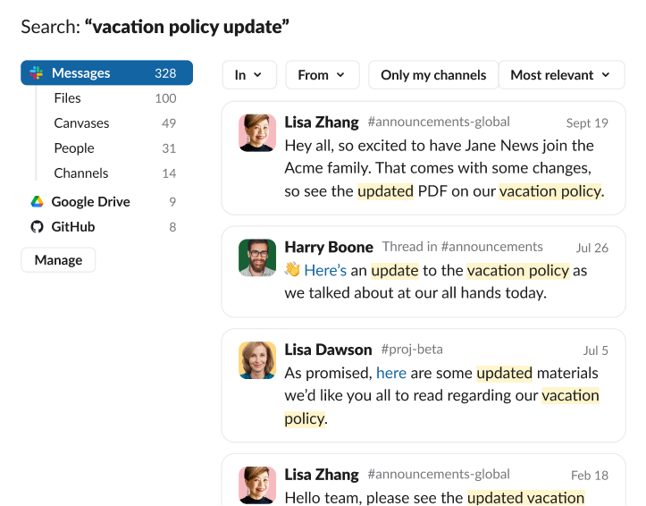 Slack search results for the phrase "vacation policy update" showing multiple message previews from Lisa Zhang and Harry Boone across different announcement channels.
