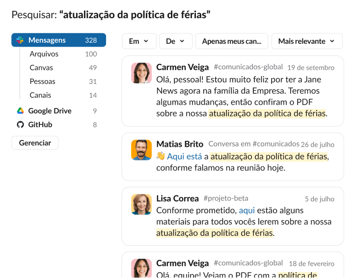 Resultados de pesquisa do Slack para a expressão “atualização da política de férias”, exibindo várias prévias de mensagens de Carmen Veiga e Matias Brito em diferentes canais de comunicados.