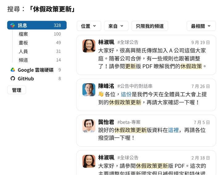 「休假政策更新」關鍵字的 Slack 搜尋結果，顯示林淑珮和陳峰洺在不同公告頻道傳送的多則訊息預覽。