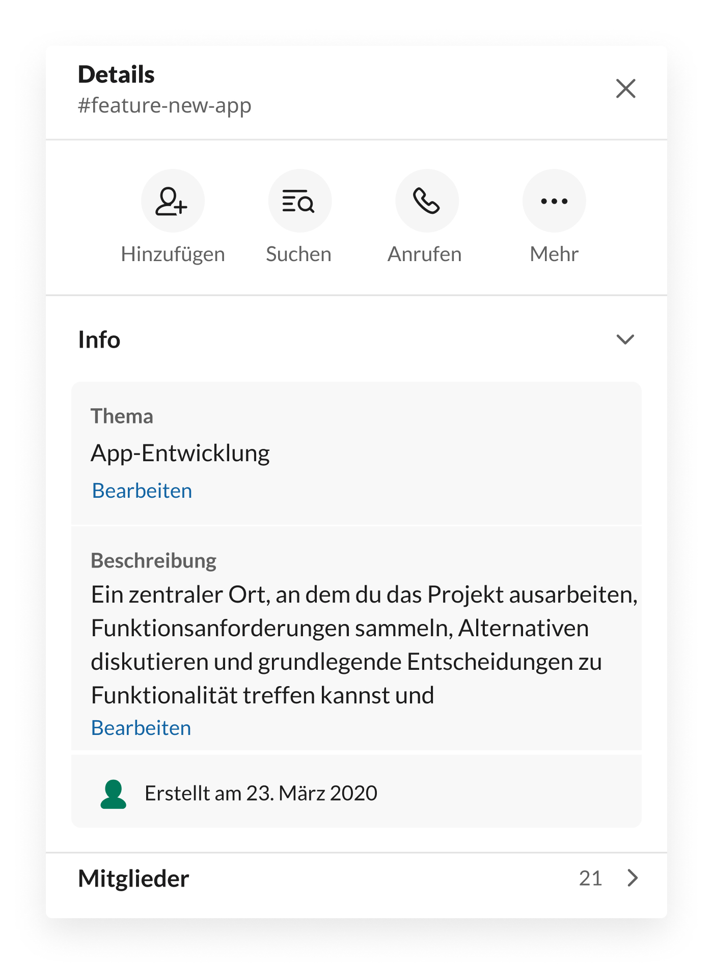 Details des Slack-Channels