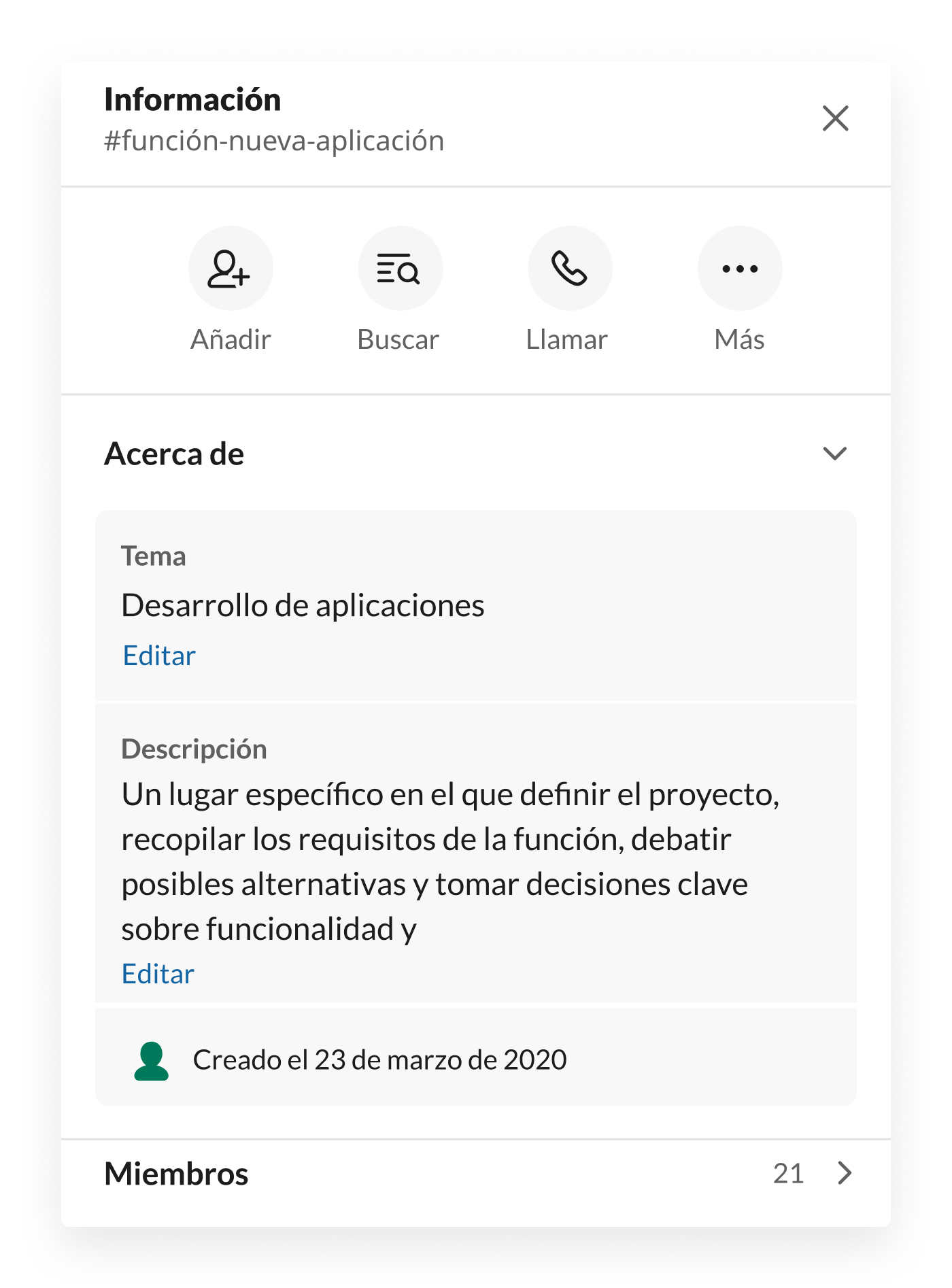 Información del canal de Slack