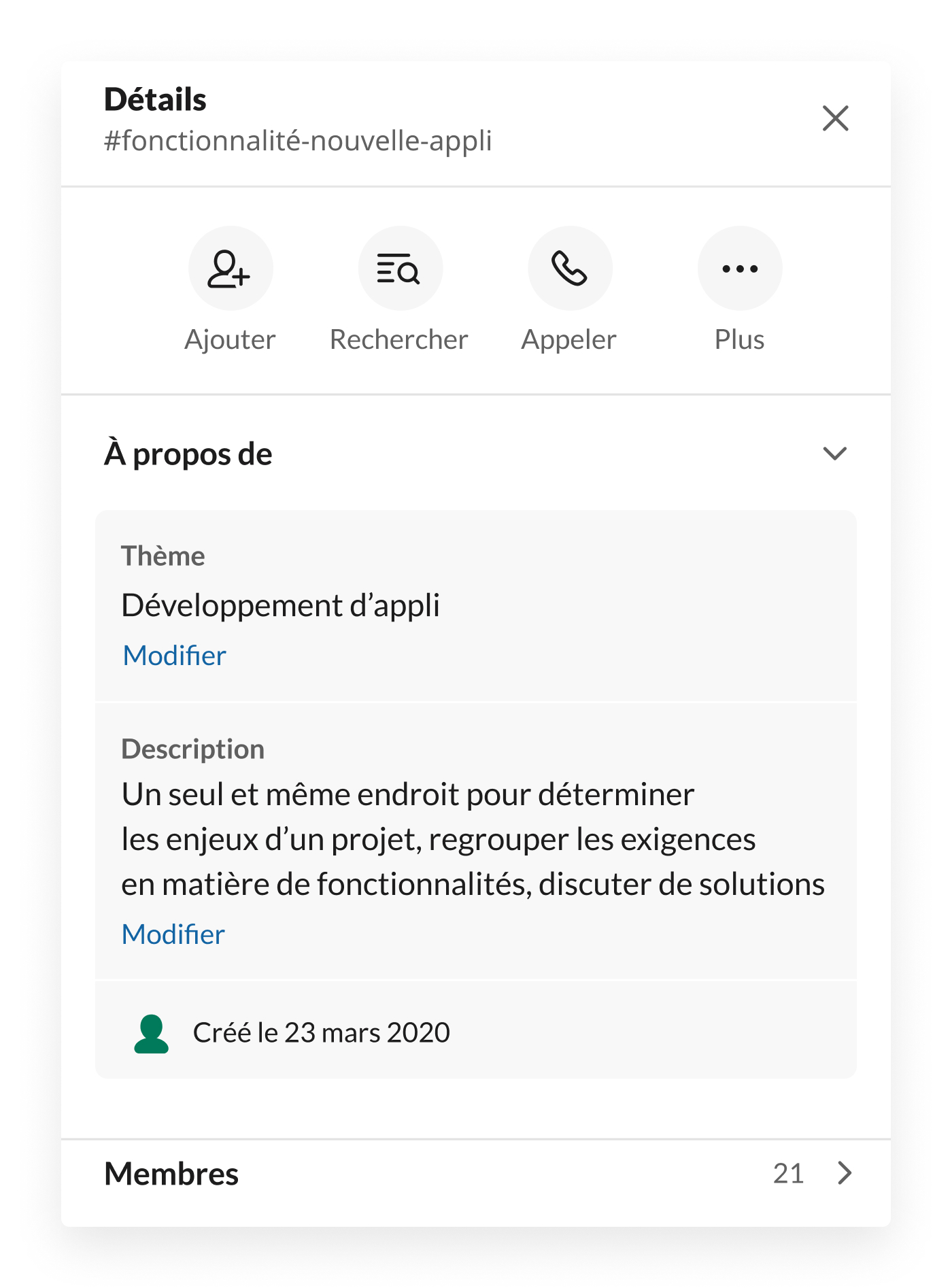 Informations du canal Slack
