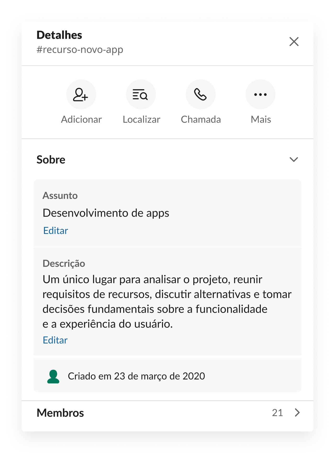 Detalhes do canal do Slack