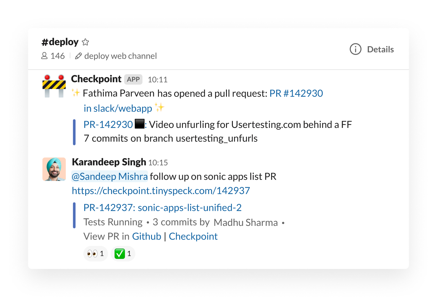 Checkpoint integration in Slack posting pull request in channel