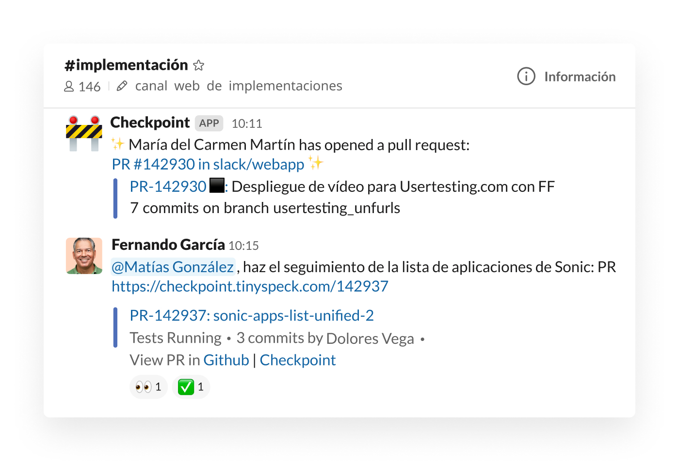 Integración de Checkpoint en Slack publicando una pull request en el canal
