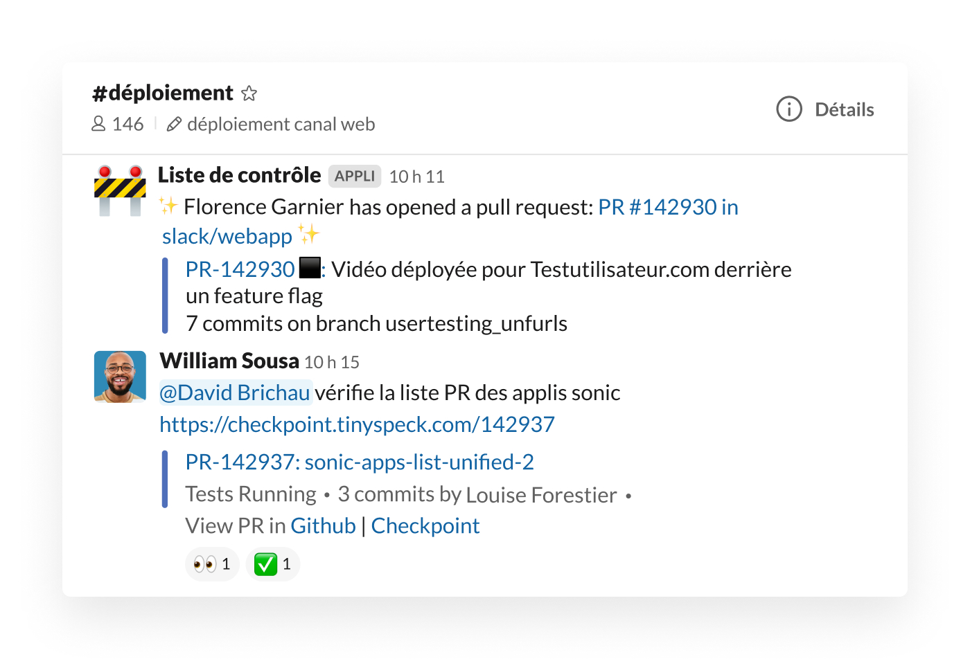 Intégration de la liste de contrôle dans Slack qui publie des « pull request » dans un canal