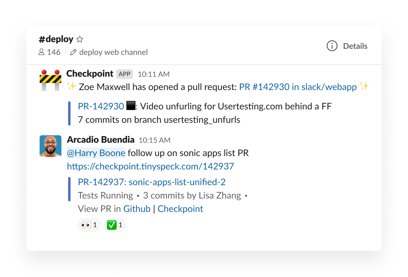 Checkpoint integration in Slack posting pull request in channel