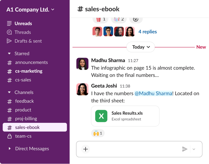 Interface of a team collaboration app showing a chat thread in a sales channel where a colleague shares an Excel spreadsheet titled Sales Results.