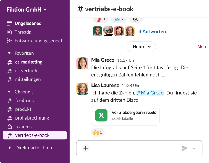 Oberfläche einer App für die Teamzusammenarbeit mit einem Unterhaltungs-Thread in einem Vertriebs-Channel, in der jemand eine Excel-Tabelle namens „Vertriebsergebnisse“ teilt.
