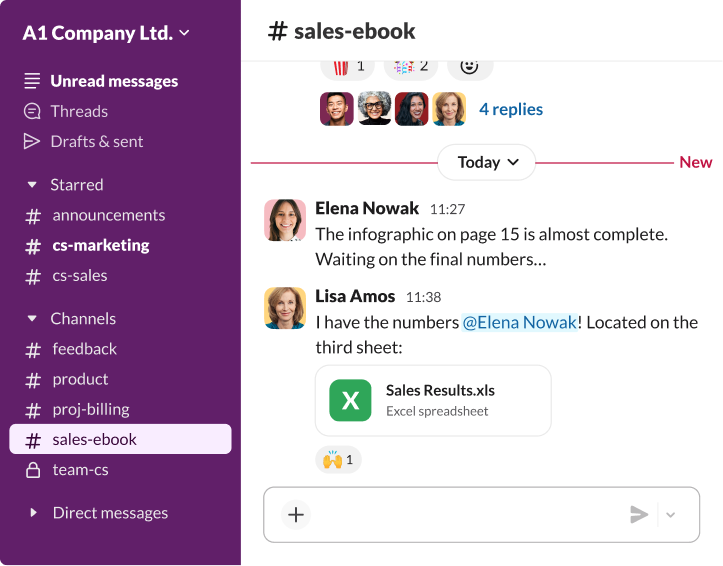Interface of a team collaboration app showing a chat thread in a sales channel where a colleague shares an Excel spreadsheet titled Sales Results.