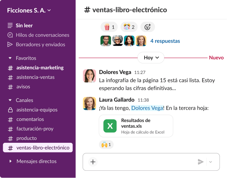 Interfaz de una aplicación de colaboración en equipo que muestra un hilo de conversación en un canal de ventas donde un compañero comparte una hoja de cálculo de Excel titulada “Resultados de ventas”.