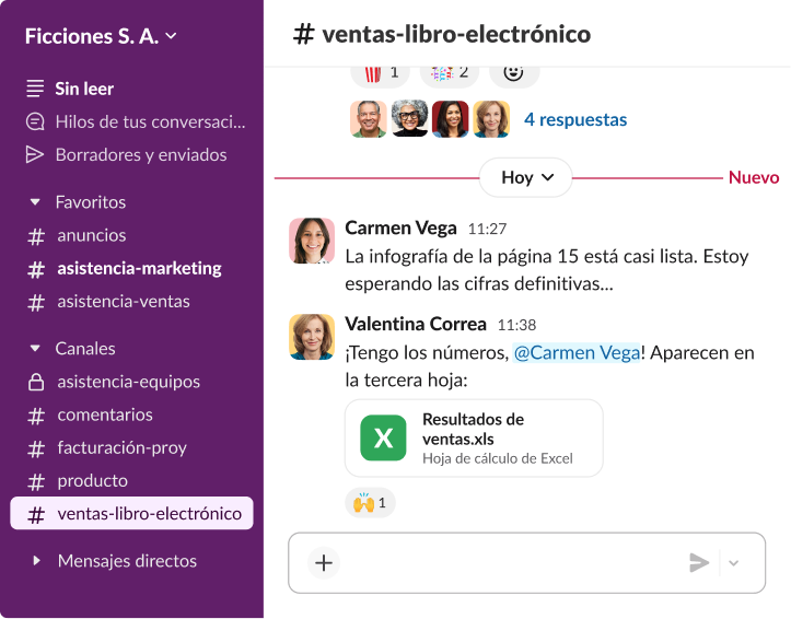 Interfaz de una aplicación de colaboración en equipo que muestra un hilo de chat en un canal de ventas en el que un colega comparte una hoja de cálculo de Excel con el nombre Resultados de ventas.