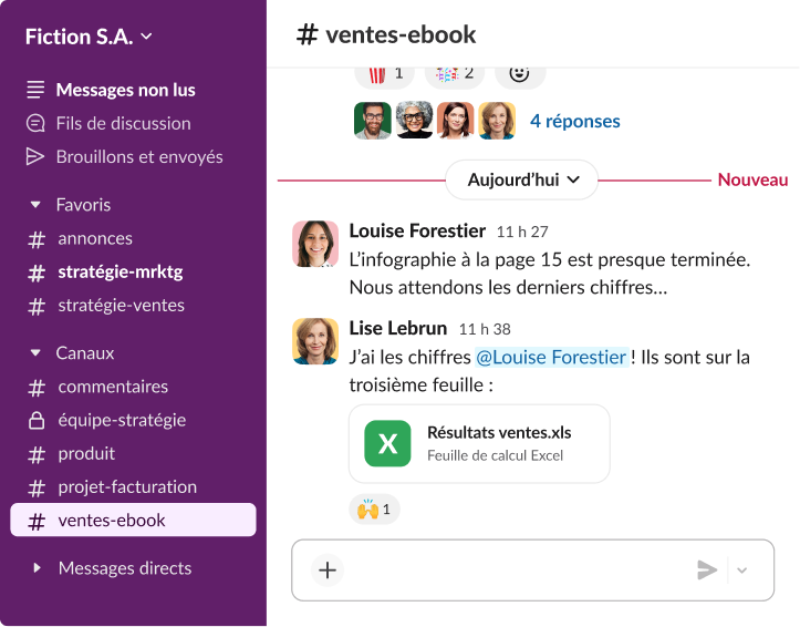 Interface d’une application de collaboration en équipe, montrant un fil de discussion dans un canal de vente, avec un collègue qui partage une feuille de calcul Excel présentant les chiffres des ventes.