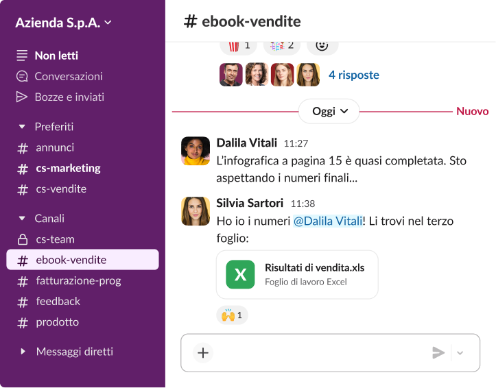 Interfaccia di un'app di collaborazione per team che mostra una conversazione in un canale di vendita dove una collega condivide un foglio di calcolo Excel intitolato “Risultati di vendita”.
