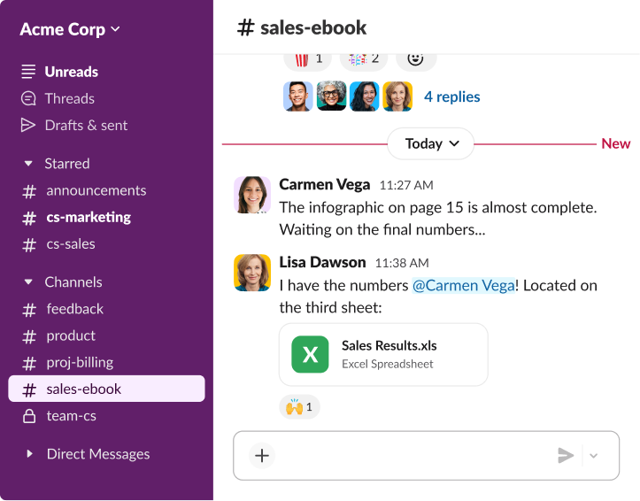 Interface of a team collaboration app showing a chat thread in a sales channel where a colleague shares an Excel spreadsheet titled Sales Results.
