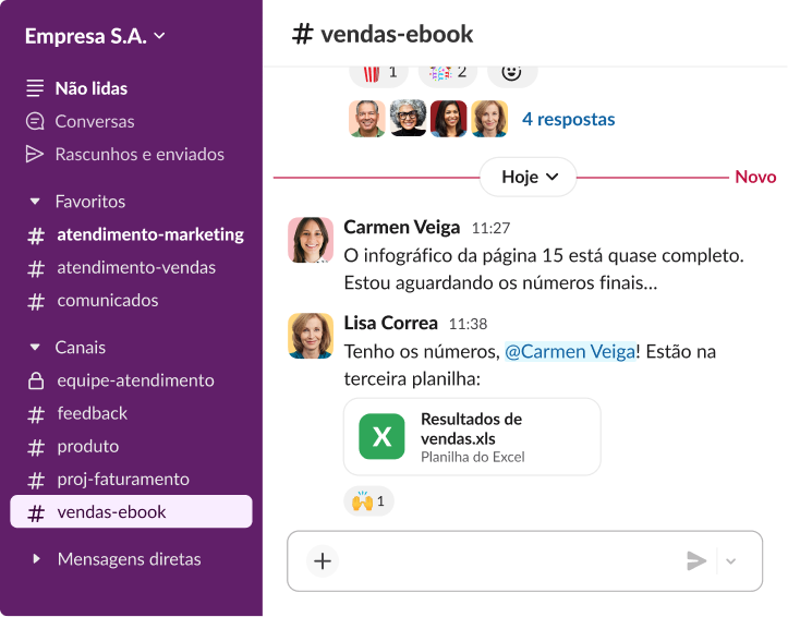 Interface de um app de colaboração em equipe mostrando uma conversa em um canal de vendas em que um colega compartilha uma planilha do Excel intitulada "Resultados de vendas".