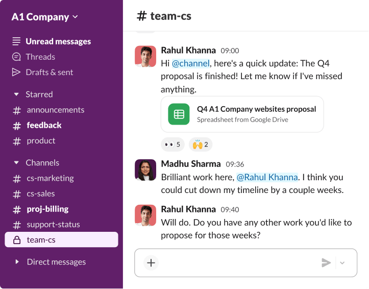 Slack workspace featuring real-time collaboration between colleagues discussing project timelines and shared Google Drive files.