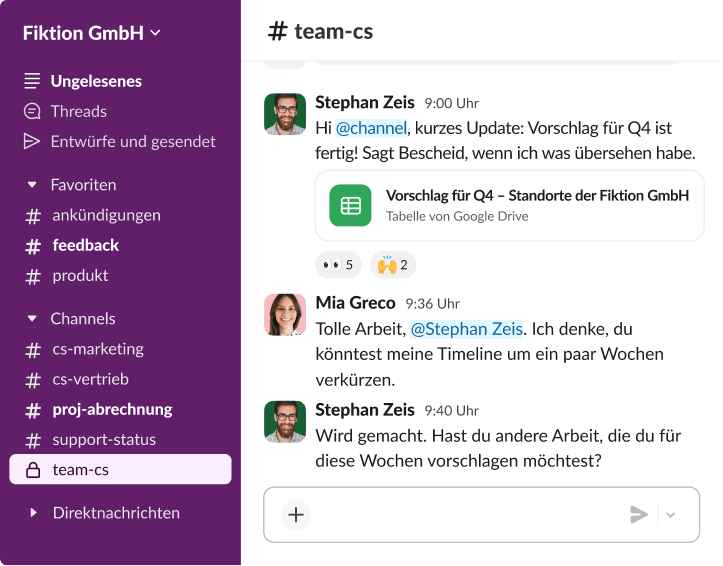 Slack-Workspace mit Echtzeitzusammenarbeit zwischen Kolleg:innen, die Projektzeitpläne und freigegebene Google Drive-Dateien besprechen.