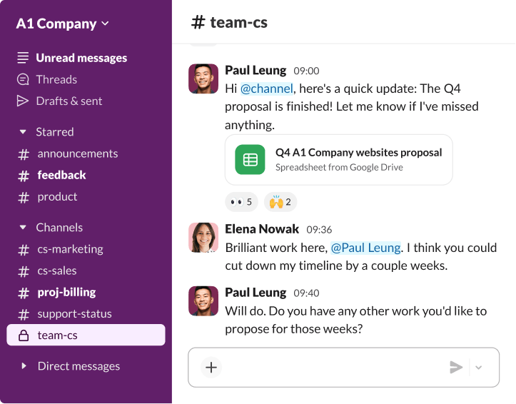 Slack workspace featuring real-time collaboration between colleagues discussing project timelines and shared Google Drive files.